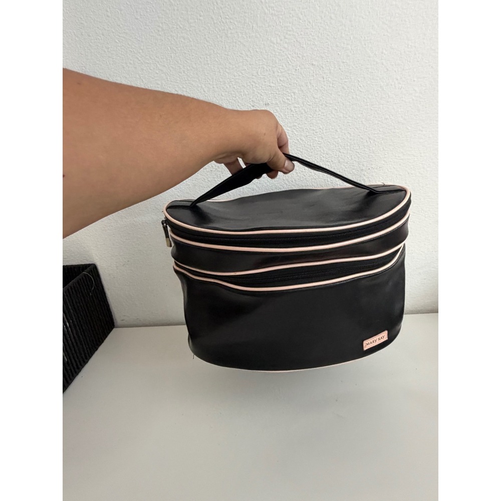 Mary Kay Black Pink Trim Travel Cosmetic Bag Vanity Case Mirror Organizer